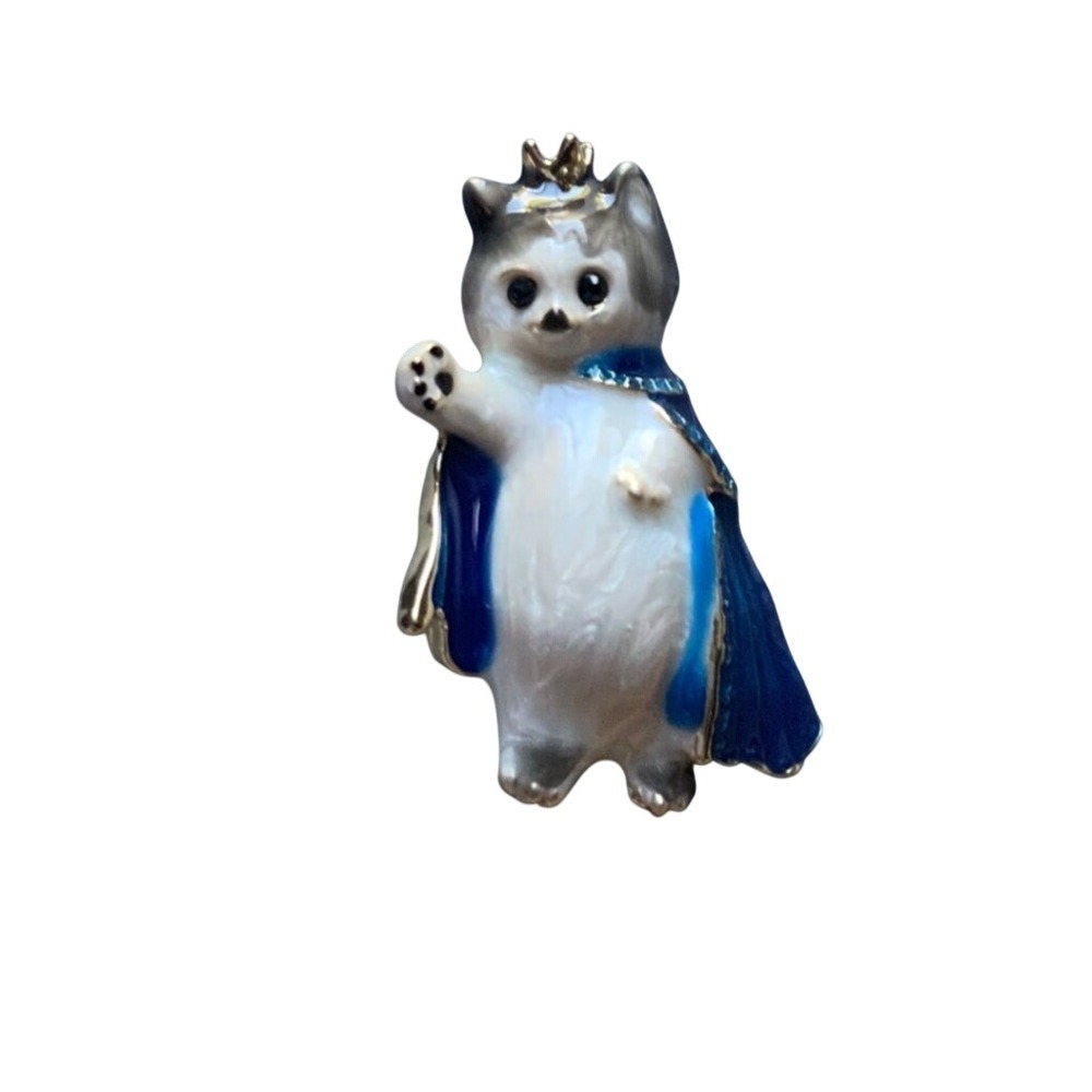 Enamel Royal Cat Pin Brooch Blue Cape Gold Crown Waving Kitty White Grey